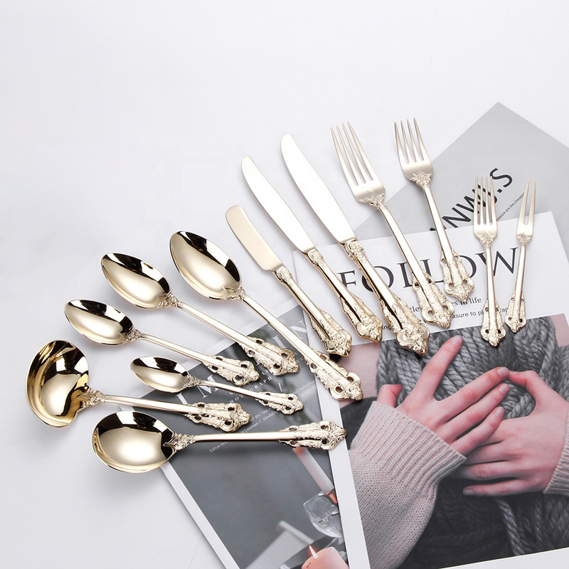 Full Set 304 Mirror Polish Champagne Stainless Steel Royal Gold Μαχαιροπήρουνα Σετ για Γάμο